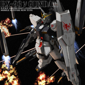 3d battle beam_cannon beam_rifle cable char's_counterattack character_name commentary_request earth_federation_space_forces energy_beam energy_gun english_text fin_funnels gundam highres machinery mecha mecha_focus mobile_suit no_humans nu_gundam ra_cailum realistic robot roundel science_fiction shield space spacecraft thrusters tomholy v-fin vernier_thrusters weapon zero_gravity