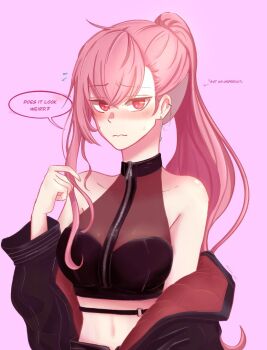 Rule 34 | arrow (symbol), bare shoulders, black jacket, breasts, commentary, crop top, english commentary, english text, faye 582, flying sweatdrops, highres, hololive, hololive english, jacket, long hair, midriff, mori calliope, nervous, off shoulder, pink background, pink hair, ponytail, simple background, single sidelock, speech bubble, undercut, upper body, virtual youtuber, zipper