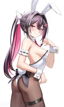 Rule 34 | 1girl, alternate costume, animal ear hairband, animal ears, armpit crease, ass, azki (hololive), black hair, black pantyhose, braid, breasts, closed mouth, colored inner hair, commentary, detached collar, double-parted bangs, fake animal ears, fake tail, fishnet pantyhose, fishnets, hair between eyes, hair intakes, hair ornament, hairband, hairclip, half up half down braid, hand up, hashtag-only commentary, highres, hololive, leotard, long hair, looking at viewer, medium breasts, mole, mole under eye, multicolored hair, necktie, pantyhose, pink hair, pink necktie, playboy bunny, purple eyes, rabbit ear hairband, rabbit ears, rabbit tail, sideboob, simple background, smile, solo, strapless, strapless leotard, streaked hair, tail, thigh strap, virtual youtuber, white background, white hair, white leotard, wrist cuffs, wszkii