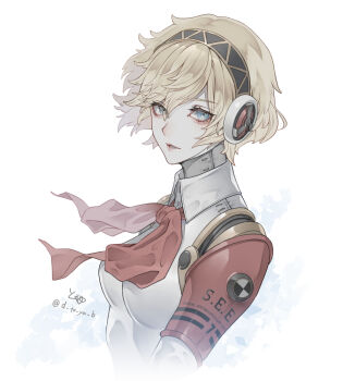 1girl aigis_(persona) android armband blonde_hair blue_eyes bow breasts commentary_request eyes_visible_through_hair fading from_side gold_hairband hairband hashtag-only_commentary joints large_breasts looking_at_viewer parted_lips persona persona_3 persona_3_reload pink_lips red_armband red_bow robot_ears robot_joints ryokuyuu s.e.e.s short_hair signature simple_background solo twitter_username upper_body white_background
