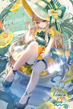 1girl blonde_hair cup dress food frilled_shirt frills fruit green_dress green_eyes green_hat hat highres holding holding_cup komorihikki lemon lemon_slice looking_at_viewer original oversized_object pantyhose partially_submerged print_dress shirt solo teacup white_pantyhose yellow_shirt
