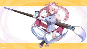 1girl animal_ears animal_feet bare_shoulders breasts closed_mouth collarbone commentary dated detached_sleeves dreamoon-q english_commentary facepaint fingernails hair_intakes highres hololive hololive_english large_breasts medium_hair multicolored_hair nail_polish oversized_object paintbrush panther_ears panther_girl panther_tail pants pink_hair pink_sleeves raora_panthera signature sitting smile streaked_hair tail thighs virtual_youtuber white_background white_hair white_nails white_pants yellow_background yellow_eyes