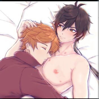 2boys bite_mark bite_marks blush genshin_impact hand_on_another&#039;s_head hickey hickey_marks multiple_boys okmow0627 on_bed sleeping sleeping_on_person tartaglia_(genshin_impact) yaoi zhongli_(genshin_impact)