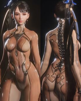 1girl 3d ass ass_writing barcode black_eyes black_hair bodysuit breasts cameltoe character_name covered_erect_nipples covered_navel curvy cyberpunk eve_(stellar_blade) from_behind highres huge_ass large_breasts lips long_hair multicolored_bodysuit official_art pink_bodysuit ponytail red_bodysuit skin_suit_(stellar_blade) skin_tight standing stellar_blade thick_thighs thighs two-tone_bodysuit wide_hips writing_on_ass