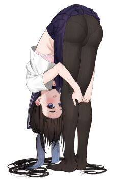 Rule 34 | 1girl, absurdres, ass, bent over, black hair, black pantyhose, blue eyes, blue sailor collar, blue skirt, blush, bra, breasts, clothes lift, colored inner hair, flexible, forward fold, full body, highres, holding own leg, large breasts, legs, long hair, looking at viewer, multicolored hair, no shoes, open mouth, original, panties, panties under pantyhose, pantyhose, pink bra, pleated skirt, sailor collar, school uniform, serafuku, shirt, simple background, skirt, skirt lift, smile, solo, thighs, twintails, underwear, very long hair, white background, white serafuku, white shirt, yuya (yuya illust)