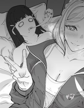 2girls aftersex blush breasts cleavage clothed_female_nude_female commentary english_commentary giritatsu giving_up_the_ghost guy_tired_after_sex_(meme) hair_ornament hairclip heart highres jacket kurosawa_dia long_hair love_live! love_live!_sunshine!! meme mole mole_under_mouth multiple_girls nude ohara_mari parted_lips pillow smile yuri