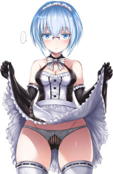 Rule 34 | ..., 1girl, apron, bare shoulders, black dress, black gloves, black panties, blue eyes, blue hair, blush, bow, bowtie, breasts, buttons, cleavage, closed mouth, clothes lift, collarbone, cowboy shot, dress, dress lift, elbow gloves, eyelashes, female focus, female pubic hair, flashing, frilled apron, frilled dress, frilled gloves, frills, gear, glasses, gloves, gluteal fold, groin, hair between eyes, hands up, highres, legs apart, lifting own clothes, looking at viewer, maid, maid apron, maid headdress, medium breasts, nina kalinina, original, panties, pantyshot, pubic hair, pubic hair peek, ribbon-trimmed legwear, ribbon trim, rimless eyewear, shimo (depthbomb), short dress, short hair, simple background, skirt, skirt hold, skirt lift, sleeveless, sleeveless dress, solo, spoken ellipsis, standing, striped bow, striped bowtie, striped clothes, striped neckwear, thighhighs, underwear, upskirt, waist apron, white apron, white background, white thighhighs