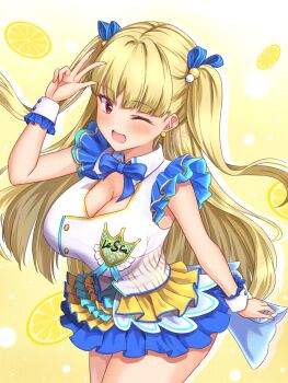 Rule 34 | 1girl, ;d, are you 333, blonde hair, blue ribbon, blue skirt, blunt bangs, blush, breasts, cleavage, earrings, food, frilled skirt, frills, fruit, hair bobbles, hair ornament, hair ribbon, highres, jewelry, large breasts, lemon, lemon slice, long hair, looking at viewer, multicolored skirt, one eye closed, open mouth, red eyes, ribbon, shirt, skirt, smile, standing, tokyo 7th sisters, two side up, uesugi u. kyouko, white shirt, white skirt, wrist cuffs, yellow background, yellow skirt