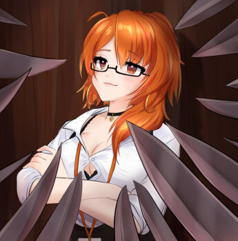 1girl black_skirt breasts choker cleavage closed_mouth comfywa commentary crossed_arms earrings english_commentary glasses highres hoop_earrings indie_virtual_youtuber jewelry lanyard large_breasts mako_fukasame multicolored_hair multiple_swords orange_hair red_eyes red_hair semi-rimless_eyewear shirt skirt streaked_hair sword virtual_youtuber weapon white_shirt