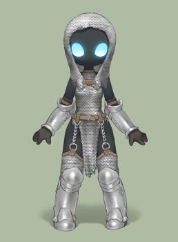 Rule 34 | 1girl, armor, armored boots, belt, belt buckle, black skin, blue eyes, boots, breasts, buckle, chainmail, choker, colored skin, female focus, full body, garter belt, gloves, glowing, glowing eyes, greaves, leg armor, no mouth, o-ring, original, small breasts, solo, standing, thighhighs, tosx, vambraces, zettai ryouiki