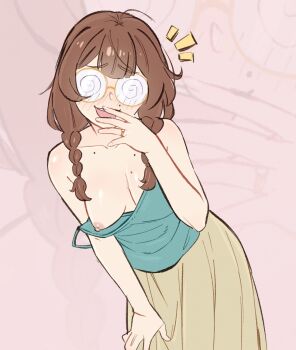 Rule 34 | 1girl, @ @, aqua shirt, artist self-insert, blunt bangs, blush, braid, breasts, brown hair, coke-bottle glasses, commentary, covering own mouth, english commentary, glasses, hand on own knee, hand over own mouth, highres, jewelry, leaning forward, long hair, looking at viewer, mole, mole above mouth, original, pink background, realda (vibrantrida), ring, round eyewear, shirt, simple background, single off shoulder, skirt, small breasts, smile, solo, strap slip, twin braids, vibrantrida, yellow-framed eyewear, yellow skirt, zoom layer