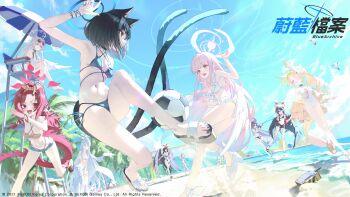 6+girls absurdres angel_wings animal_ears ball bare_legs beach bikini bird black_bikini black_hair black_wings blue_archive blue_bikini blue_sky blush breasts brown_hair cat_ears cat_girl cat_tail chair chlorella_observation_club_member_(blue_archive) chlorella_observation_club_member_(swimsuit)_(blue_archive) choker clothing_cutout cloud commentary_request cross_halo day diamond_cutout feathered_wings fox_ears fox_girl frilled_bikini frills halo hasumi_(blue_archive) hasumi_(swimsuit)_(blue_archive) highleg highleg_one-piece_swimsuit highres ichika_(blue_archive) ichika_(swimsuit)_(blue_archive) kikyou_(blue_archive) kikyou_(swimsuit)_(blue_archive) layered_bikini lifeguard_chair long_hair looking_at_another mika_(blue_archive) mika_(swimsuit)_(blue_archive) multiple_girls multiple_tails nagisa_(blue_archive) nagisa_(swimsuit)_(blue_archive) nagomi_naka nagusa_(blue_archive) nagusa_(swimsuit)_(blue_archive) nail_polish navel official_alternate_costume official_alternate_hairstyle official_art one-piece_swimsuit open_mouth outdoors palm_tree pink_hair pink_halo purple_hair red_hair renge_(blue_archive) renge_(swimsuit)_(blue_archive) sand sandals seia_(blue_archive) seia_(swimsuit)_(blue_archive) short_hair sky small_breasts smile soccer soccer_ball sunglasses swimsuit tail tea_party_(blue_archive) tit_(bird) toenail_polish toenails tree two_tails very_long_hair visor_cap water white_bikini white_choker white_one-piece_swimsuit white_wings wings yellow_sandals yellow_visor yukari_(blue_archive) yukari_(swimsuit)_(blue_archive)