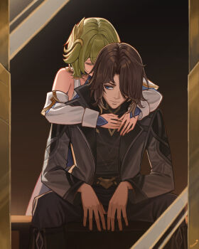 1boy 1girl absurdres afureru_colors bare_shoulders black_jacket blue_eyes brown_hair closed_mouth commentary detached_sleeves genshin_impact green_hair hair_ornament hair_over_one_eye hetero highres hug hug_from_behind jacket long_sleeves mirror rerir_(genshin_impact) short_hair sitting tholindis_(genshin_impact)