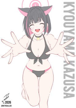 1girl :d ^_^ absurdres alternate_costume animal_ears barefoot bikini bilingual_commentary black_bikini black_choker black_hair blue_archive blunt_bangs blunt_ends blush bob_cut breasts cat_choker cat_ears cat_girl character_name choker cleavage closed_eyes collarbone colored_inner_animal_ears colored_inner_hair commentary dated english_commentary extra_ears facing_viewer foot_out_of_frame foreshortening groin hair_behind_ear hair_intakes halo halterneck happy highres incoming_hug kazusa_(blue_archive) large_breasts mixed-language_commentary multicolored_hair navel open_mouth outstretched_arms outstretched_hand pink_hair pink_halo realen short_hair signature simple_background smile solo standing standing_on_one_leg stomach straight-on swimsuit teeth thigh_gap thighs toes two-tone_hair upper_teeth_only white_background