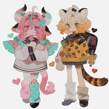 2girls aged_down ahoge animal_ears animal_print backpack bag bandaid bandaid_on_leg blonde_hair braid bread bread_slice cow_ears cow_horns cow_tail eating food genshin_impact green_eyes hair_bobbles hair_ornament heart horns leg_warmers leopard_ears leopard_print leopard_tail li04r multiple_girls pink_hair purple_eyes randoseru tail tamagotchi_(virtual_pet) twin_braids varesa_(genshin_impact) virtual_pet_(toy) xilonen_(genshin_impact)
