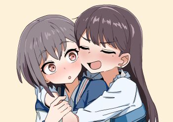 2girls :o absurdres bang_dream! bang_dream!_it&#039;s_mygo!!!!! blush brown_eyes brown_hair clfmsh99 closed_eyes collared_shirt earrings grey_hair highres hug hug_from_behind jacket jewelry long_hair long_sleeves mole mole_under_eye multiple_girls open_mouth purple_eyes shiina_taki shirt short_hair simple_background single_earring takamatsu_tomori yuri