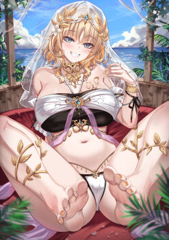 1girl aglaea_(honkai:_star_rail) alternate_costume bare_shoulders blonde_hair blue_eyes blush breasts cenangam commentary_request day grin hair_ornament highres honkai:_star_rail honkai_(series) large_breasts looking_at_viewer nail_polish navel outdoors short_hair sitting smile solo stomach teeth thighs toenail_polish toenails toes veil yellow_nails