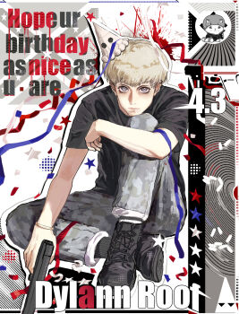 1boy american_flag american_flag_print animification ankle_boots arm_at_side artist_name artist_request at_gunpoint bare_arms black_boots black_shirt black_socks blonde_hair blue_eyes boots bowl_cut bracelet bright_pupils camouflage camouflage_pants character_name closed_mouth commentary commission confederate_flag confetti dated dylann_roof english_commentary flag_print from_above full_body gold_bracelet grey_pants gun hair_behind_ear hair_between_eyes halftone handgun happy_birthday hat hat_tip highres holding holding_gun holding_weapon hugging_own_legs jewelry knee_up knees_apart_feet_together ku_klux_klan lace-up_boots lips looking_at_viewer male_focus marsey_the_cat nostrils outline pale_skin pants party_hat real_life ribbed_socks second-party_source shirt shoelaces short_hair short_sleeves simple_background sitting socks solo star_(symbol) swept_bangs t-shirt true_crime v-shaped_eyebrows very_short_hair weapon white_background white_hat white_outline white_pupils