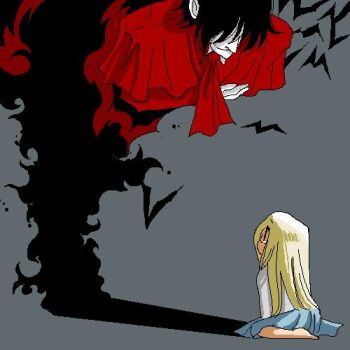 1boy 1girl aged_down alucard_(hellsing) barefoot bent_over black_hair blonde_hair blue_skirt capelet glasses grey_background hair_over_eyes hellsing integra_hellsing long_hair looking_up lowres neckerchief pale_skin pleated_capelet pleated_skirt red_capelet red_neckerchief shadow skirt smile toshimichi_yukari vampire