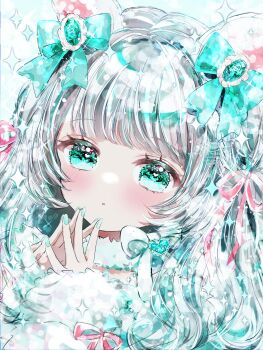 1girl :o aqua_bow aqua_eyes aqua_hair aqua_nails aqua_theme blush bow commentary fingernails fur-trimmed_sleeves fur_trim hair_bow hands_up highres long_hair long_sleeves nail_polish original own_hands_together pa_ff parted_lips portrait sleeves_past_wrists solo sparkle steepled_fingers symbol-only_commentary wispy_bangs