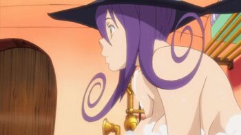 00s animated animated_gif anime_screenshot ass bare_legs barefoot bath bathroom bathtub blair_(soul_eater) boots breasts bubble convenient_censoring female_focus hat magic maka_albarn nude purple_hair screencap smile soul_eater talking water witch_hat