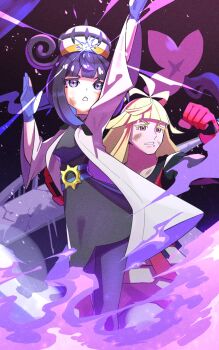 Rule 34 | 1boy, 1girl, belt, black dress, black hair, black pantyhose, black shirt, blonde hair, blue gloves, blunt bangs, bob cut, breasts, brother and sister, bruise, bruise on face, coat, commentary request, dougi, dress, gloves, gradient hair, gwynn (pokemon), hat, highres, inana umi, injury, ivor (pokemon), karate gi, long hair, long sleeves, mega stone, mole, mole under mouth, multicolored hair, nintendo, o-ring, o-ring belt, open clothes, open coat, open mouth, pants, pantyhose, partially fingerless gloves, pokemon, pokemon legends: z-a, purple eyes, purple hair, shirt, short hair, siblings, white coat, white pants