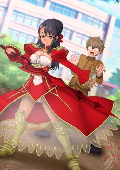 1boy 2girls absurdres aestus_estus artist_name asymmetrical_hair black_hair blonde_hair braid breasts brown_hair bun_with_braided_base cleavage closed_mouth corset fate/extra fate_(series) glasses hachiouji_naoto hair_bun hair_ornament hair_ribbon highres holding holding_sword holding_weapon ijiranaide_nagatoro-san kaschmatz long_hair multiple_girls nagatoro_hayase nero_claudius_(fate) nero_claudius_(fate/extra) one-piece_tan open_mouth panties red_corset red_ribbon ribbon school_uniform see-through_clothes see-through_skirt skirt standing sword tan tanline underwear weapon white_panties