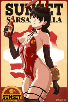 1girl animal_ear_hairband animal_ears black_gloves black_hair bottle breasts brown_eyes chainsaw_man choker commentary elbow_gloves english_commentary fake_animal_ears fallout gloves hairband highleg highleg_leotard highres holding holding_bottle inigoiio leotard mitaka_asa playboy_bunny rabbit_ears red_choker red_hairband red_leotard small_breasts solo strapless strapless_leotard