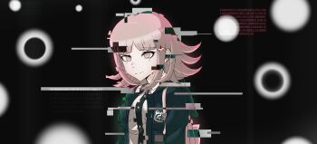 1girl absurdres animal_bag black_background breasts brown_hair cat_bag closed_mouth collared_shirt crying danganronpa_(series) danganronpa_2:_goodbye_despair flipped_hair glitch hair_ornament highres hood jacket light_smile long_sleeves looking_at_viewer medium_hair muchdoge nanami_chiaki neck_ribbon open_clothes open_jacket original pink_bag pink_eyes pink_ribbon ribbon shirt skirt solo tears white_shirt