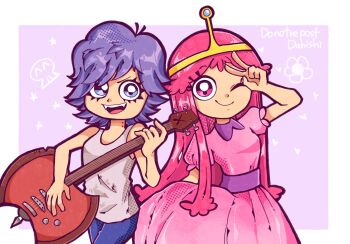 2girls adventure_time ami_onuki artist_name ax_bass axe bass_guitar battle_axe bite_mark bite_mark_on_neck blue_eyes blue_hair blue_pants breasts closed_mouth commentary cosplay danishi dress electric_guitar fangs grey_tank_top guitar heart hi_hi_puffy_amiyumi highres holding holding_guitar holding_instrument instrument long_dress long_hair marceline_abadeer marceline_abadeer_(cosplay) medium_hair multiple_girls one_eye_closed open_mouth pants pink_dress pink_eyes pink_hair princess_bonnibel_bubblegum princess_bonnibel_bubblegum_(cosplay) shirt signature skirt_hold sleeveless sleeveless_shirt small_breasts smile tank_top teeth tiara upper_teeth_only v weapon white_shirt yumi_yoshimura