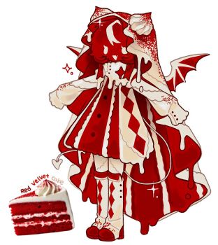 1girl adoptable bomal1215 boots cake cake_slice colored_skin demon_wings eyelashes food food-themed_clothes open_mouth original red_skin red_velvet_cake simple_background smile triangle_mouth veil white_background white_boots white_eyes white_veil white_wings wings