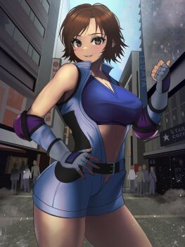 1girl armpit_peek armpits bare_shoulders belt blue_sports_bra blush breasts brown_eyes brown_hair cleavage elbow_pads fingerless_gloves gloves hand_on_own_hip high_collar kazama_asuka looking_at_viewer midriff navel rokubanana short_hair shorts sleeveless sports_bra tekken thighs