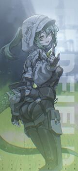 1girl arknights arknights:_endfield bodysuit fluorite_(arknights) gloves green_eyes green_hair grey_bodysuit grey_gloves hair_between_eyes highres hood hoodie jacket long_hair looking_at_viewer sanshouuo solo thighs white_hoodie white_jacket