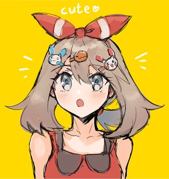 blush brown_hair gen_3_pokemon grey_eyes hair_ornament heart kashmimo may_(pokemon) minun nintendo plusle pokemon pokemon_(creature) pokemon_oras red_ribbon red_shirt ribbon shirt solo_focus trapinch yellow_background