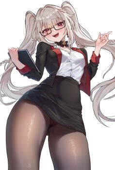 1girl black-framed_eyewear black_jacket black_pantyhose black_skirt blush commentary facial_mark from_below hands_up heart heart_facial_mark highres honkai:_star_rail honkai_(series) jacket kadokadokado long_hair long_sleeves looking_at_viewer mark_under_both_eyes office_lady official_alternate_costume open_clothes open_jacket open_mouth panties panties_under_pantyhose pantyhose red_eyes semi-rimless_eyewear shirt simple_background skirt smile solo sparkle_(honkai:_star_rail) sparxie_(dean)_(honkai:_star_rail) sparxie_(honkai:_star_rail) twintails underwear white_background white_hair white_shirt