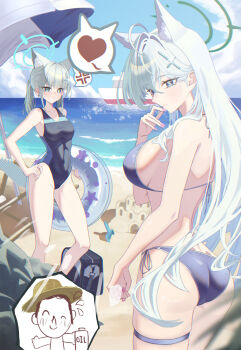 1boy 2girls absurdres animal_ear_fluff animal_ears ass bare_shoulders beach bikini black_bikini black_one-piece_swimsuit blue_archive blue_eyes blue_one-piece_swimsuit blush breasts commentary_request covered_navel cross_hair_ornament doodle_sensei_(blue_archive) extra_ears grey_hair hair_ornament halo hanaet highleg highleg_one-piece_swimsuit highres large_breasts long_hair looking_at_viewer medium_breasts medium_hair multicolored_swimsuit multiple_girls one-piece_swimsuit ponytail sensei_(blue_archive) shiroko_(blue_archive) shiroko_(swimsuit)_(blue_archive) shiroko_terror_(blue_archive) shore short_ponytail sidelocks swimsuit thighs wolf_ears