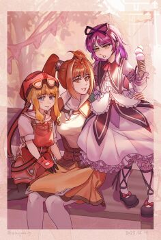 Rule 34 | 3girls, armor, bike shorts, black ribbon, blonde hair, brown hair, cropped jacket, eiyuu densetsu, estelle bright, falcom, fingerless gloves, gloves, goggles, goggles on head, goggles on headwear, hair ribbon, highres, multiple girls, naked skirt, overalls, pauldrons, pink shorts, purple hair, red overalls, renne (eiyuu densetsu), ribbon, shorts, shoulder armor, single pauldron, skirt, sora no kiseki, tangmen igo, tita russell, twintails