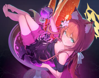 1girl absurdres animal_ear_fluff animal_ears bare_legs bare_shoulders barefoot black_dress blue_archive blush bow breasts cat_ears cat_girl chiu538 cocktail cocktail_glass collarbone cup dress drinking_glass feet flower food fruit full_body hair_between_eyes hair_bow hair_flower hair_ornament halo highres holding holding_cup long_hair looking_at_viewer mari_(blue_archive) orange_(fruit) orange_slice parted_lips partially_submerged pouring pouring_onto_self sitting sleeveless sleeveless_dress small_breasts smile solo very_long_hair water