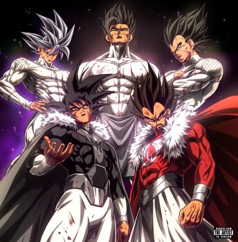 5boys bardock beard black_eyes black_hair blood blood_on_clothes blood_on_face cape ch_nadhir closed_mouth cosplay dragon_ball facial_hair highres invincible_(series) king_vegeta long_hair multiple_boys muscular muscular_male red_cape son_gohan son_goku space thragg_(invincible) thragg_(invincible)_(cosplay) upper_body vegeta viltrumite viltrumite_clothes