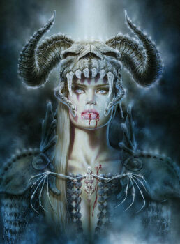 1girl armor bat_skeleton blonde_hair blood blue_eyes bone breasts cape chainmail cleavage collarbone colored_skin curved_horns fog fur_cape helmet high_collar horns lips long_hair luis_royo neck original portrait scale_armor shadow shoulder_pads skeleton skull skull_helmet straight_hair teeth tooth_gap white_skin