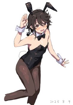 Rule 34 | 1girl, alternate costume, animal ears, bare shoulders, black leotard, blush, breasts, detached collar, fake animal ears, highres, leotard, looking at viewer, momijiyama teru, pantyhose, playboy bunny, rabbit ears, rabbit tail, short hair, shy (series), simple background, smile, solo, strapless, strapless leotard, tail, takatisakana, white background, wrist cuffs