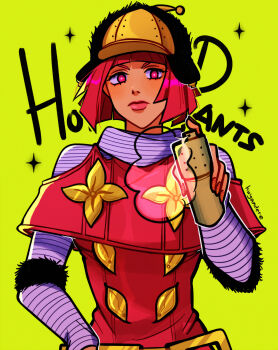 1girl absurdres artist_name bob_cut capelet character_name commentary cream_starter_(stand) english_commentary frown green_background hat highres holding hot_pants_(sbr) huyandere jojo_no_kimyou_na_bouken long_sleeves nail_polish pink_capelet pink_eyes pink_hair pink_lips signature solo spray_can stand_(jojo) steel_ball_run striped_nails upper_body