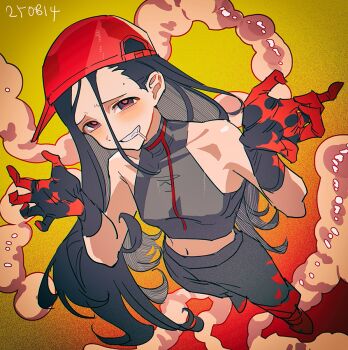 Rule 34 | 1girl, backwards hat, bare arms, bare shoulders, baseball cap, black eyes, black gloves, black hair, black pants, blood, blood on clothes, blood on gloves, blush, breasts, butcher vanity (synthesizer v), crop top, dated, drooling, dutch angle, evil grin, evil smile, film grain, forehead, from above, full body, furrowed brow, gloves, gradient background, grin, hair behind ear, hair between eyes, hands up, hat, haun, heart, heart-shaped pupils, long hair, long hair between eyes, looking at viewer, medium breasts, midriff, mole, mole on forehead, mouth drool, navel, no jacket, pants, raised inner eyebrows, red hat, red pupils, sleeveless, smile, solo, symbol-shaped pupils, synthesizer v, tareme, very long hair, vimalion pro, w arms, yellow background, yi xi (synthesizer v)