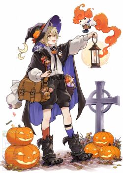 1boy bag black_cape black_hat black_shorts blonde_hair bottle candy cape collared_shirt commentary_request food full_body ghost_print halloween hat holding holding_lantern jack-o&#039;-lantern lantern lollipop male_focus mismatched_socks orange_socks original paw_shoes purple_cape purple_socks sack shiromine_kana shirt short_hair shorts signature simple_background smoke socks solo tombstone two-sided_cape two-sided_fabric watermark white_background white_shirt witch_hat wrapped_candy
