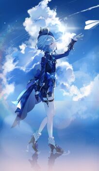 1girl ahoge asymmetrical_gloves black_footwear black_gloves black_shorts blue_bow blue_hair blue_hat blue_jacket blue_sky bow cloud from_side full_body furina_(genshin_impact) genshin_impact gloves hair_between_eyes hat highres jacket light_blue_hair looking_ahead mismatched_gloves multicolored_hair outdoors reflection shorts sidelocks sky socks solo standing streaked_hair sunlight top_hat two-tone_hair vision_(genshin_impact) walking water white_gloves white_hair white_socks yukiusagi_(snowrabbit0508)