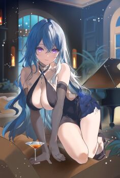 1girl all_fours bare_shoulders black_dress blue_hair breasts cleavage commission criss-cross_halter dress elbow_gloves gloves grand_piano grey_gloves hair_between_eyes halterneck highres indoors instrument large_breasts long_hair looking_at_viewer necomi open_mouth original piano purple_eyes short_dress sleeveless sleeveless_dress smile solo thighs very_long_hair