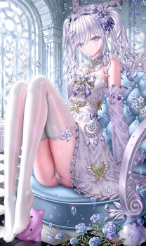 Rule 34 | 1girl, absurdres, ascot, black hairband, blue bow, blue eyes, blue gemstone, blush, bow, chair, closed mouth, commentary, day, detached sleeves, dress, flower, full body, gem, grey hair, hair between eyes, hair bow, hair flower, hair ornament, hairband, highres, indoors, long hair, long legs, looking at viewer, no shoes, on chair, original, purple flower, sitting, solo, strapless, strapless dress, symbol-only commentary, teeth, thighhighs, tina (tinafya), twintails, water drop, white ascot, white dress, white sleeves, white thighhighs