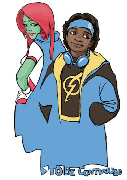1boy 1girl alien black_hair brown_eyes cape colored_skin company_connection dark_skin dc_comics gloves goggles goggles_around_neck green_skin dreadlocks hands_in_pockets hands_on_own_hips jacket mask miss_martian red_hair simple_background skirt static_shock teen_titans virgil_ovid_hawkins