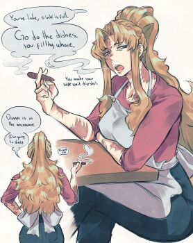 1girl absurdres andrich_galam apron balalaika_(black_lagoon) black_lagoon black_pants blonde_hair blue_eyes breasts cigar commentary elbow_rest english_commentary english_text from_behind high_ponytail highres holding holding_cigar husband_and_wife large_breasts long_hair looking_at_viewer looking_to_the_side multiple_views narrowed_eyes open_mouth pants pink_shirt ponytail scar scar_on_arm scar_on_face scar_on_neck shirt simple_background smoke smoke_heart smoking solo speech_bubble talking teeth upper_teeth_only white_apron yellow_background