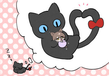1boy animal animal_ears arknights black_cat blue_eyes bow brown_eyes brown_hair cat closed_eyes eyes_visible_through_hair heart heart_tail miss_christine_(arknights) motion_lines myluche notice_lines pacifier phantom_(arknights) pink_background polka_dot polka_dot_background red_bow sleeping swaddled tail tail_bow tail_ornament tragodia_(arknights) zzz